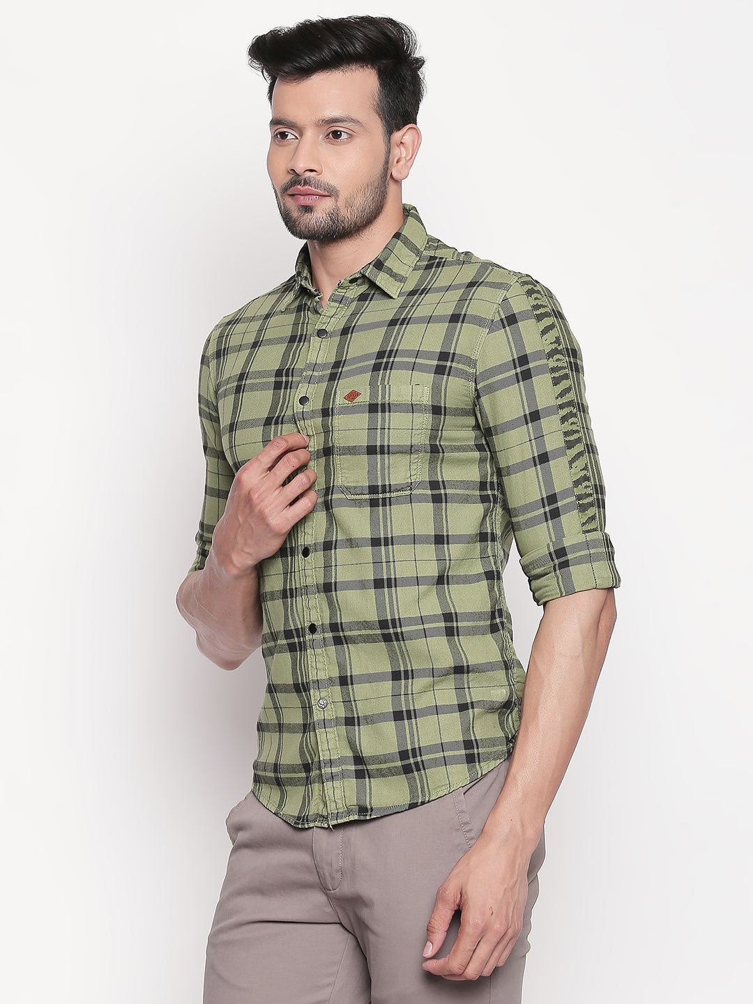 Spykar Men Olive Checked Slim Fit Casual Shirt