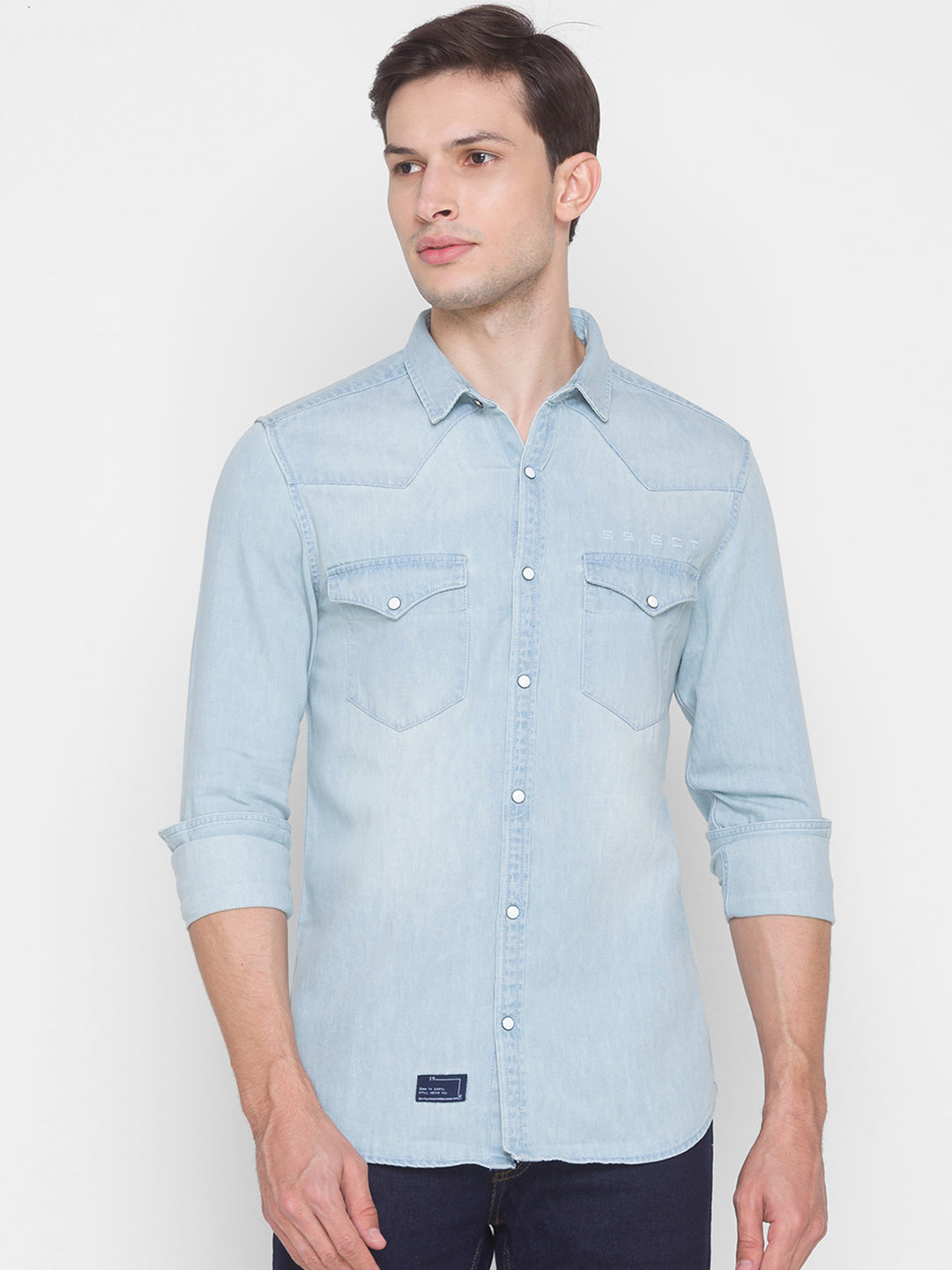 Spykar Light Blue Cotton Full Sleeve Denim Shirt For Men