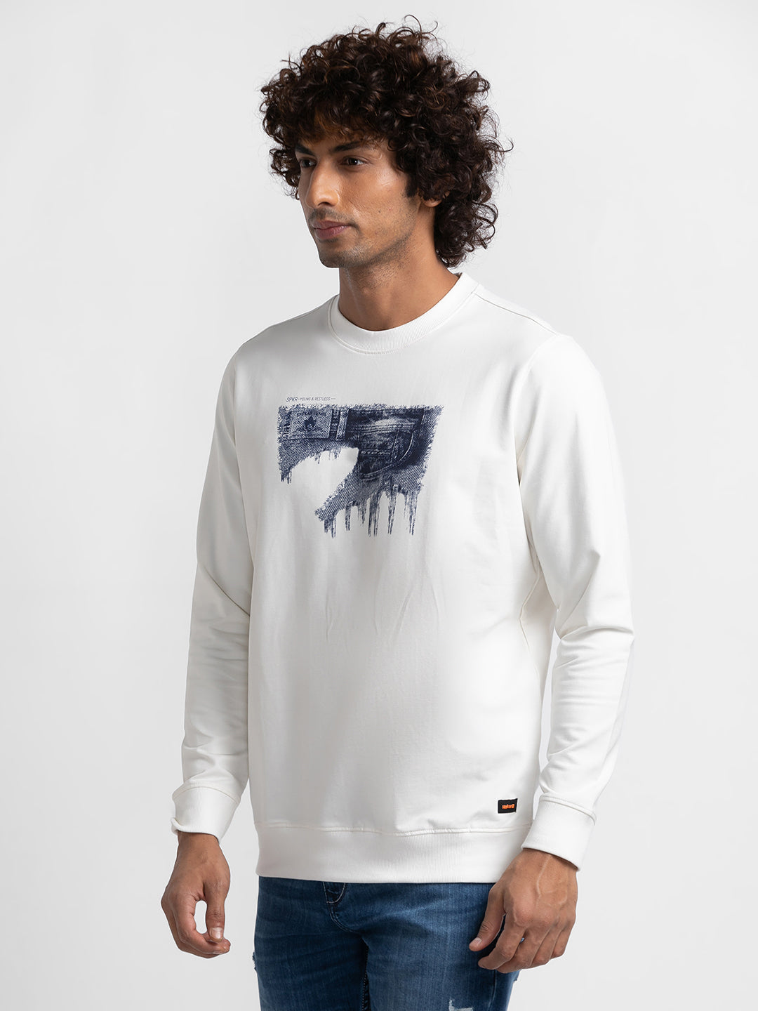 Spykar Ecru Cotton Full Sleeve Round Neck Sweatshirt For Men