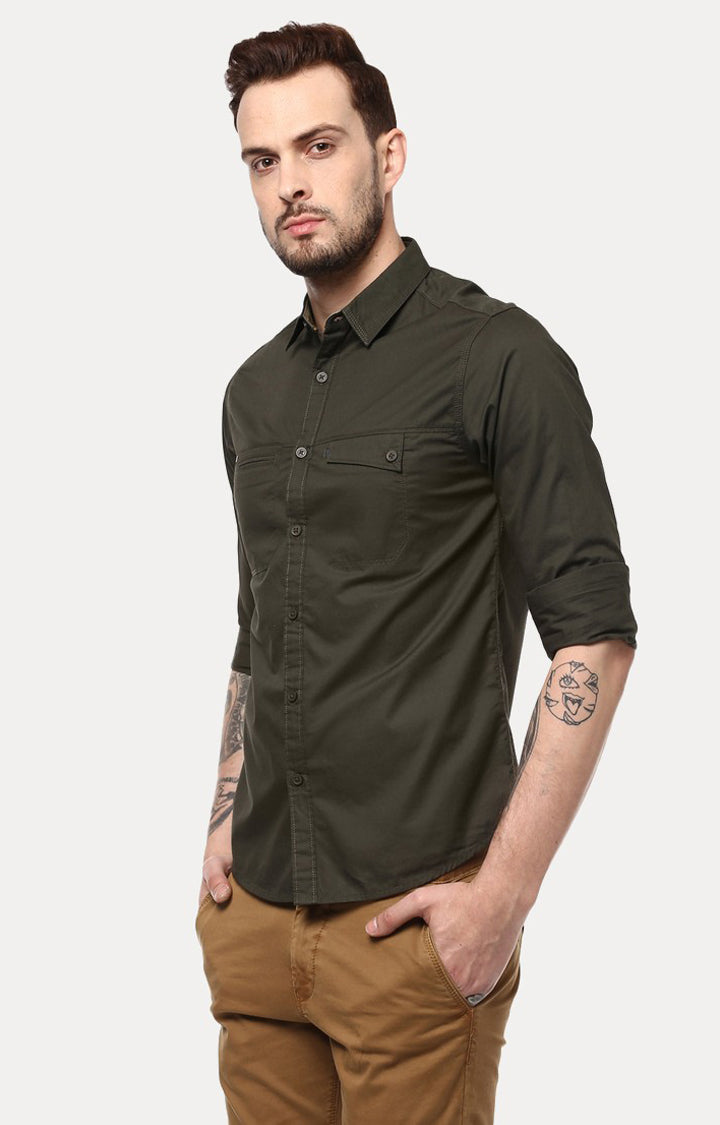 Spykar Men'S Green Cotton Solid Casual Shirts