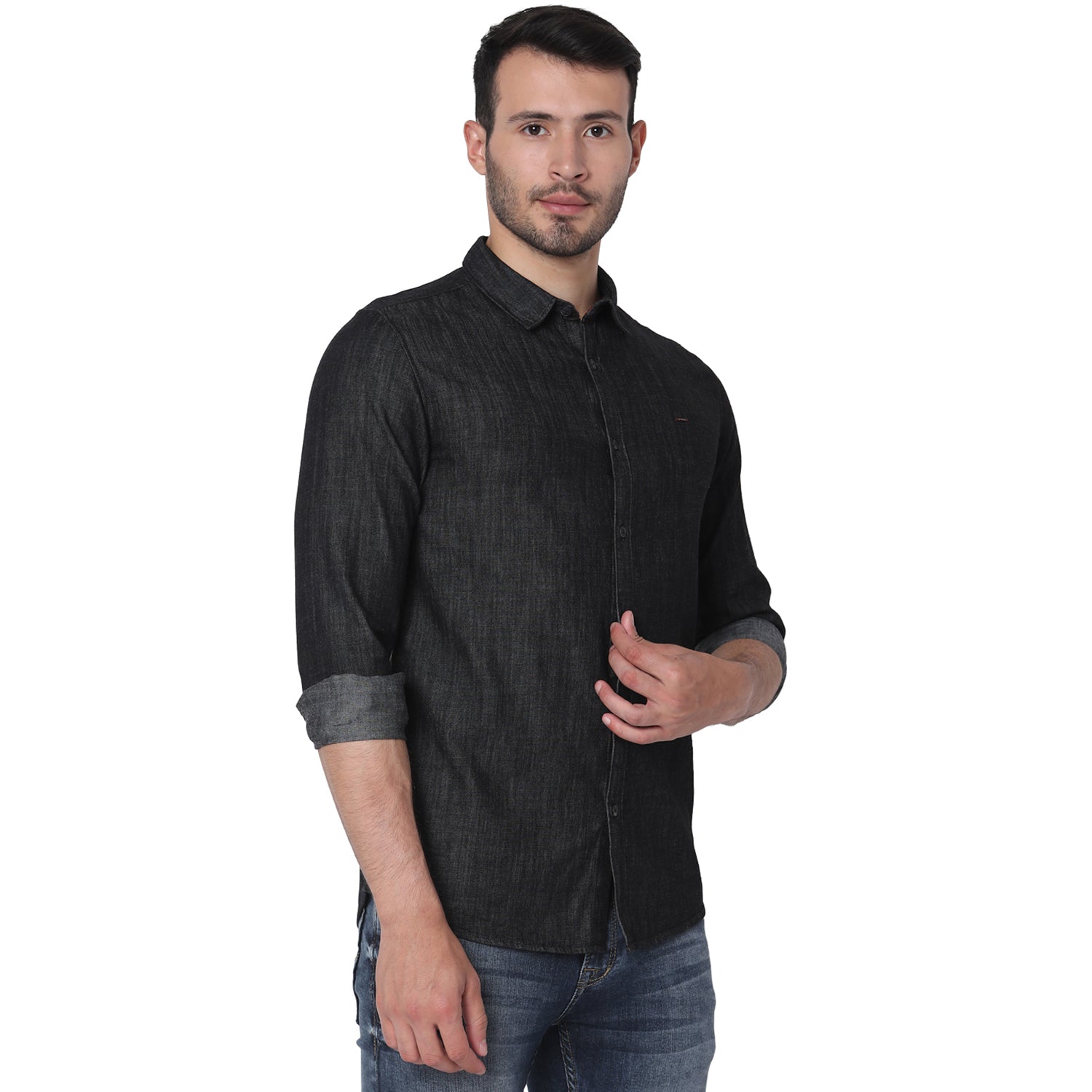 Spykar Men Black Cotton Slim Fit Full Sleeve Plain Shirt