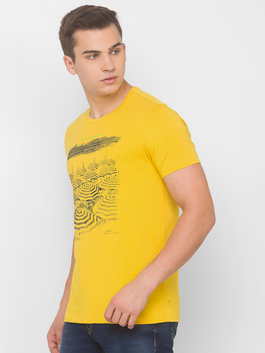 Spykar Men Yellow Cotton Slim Fit Round Neck T-Shirt