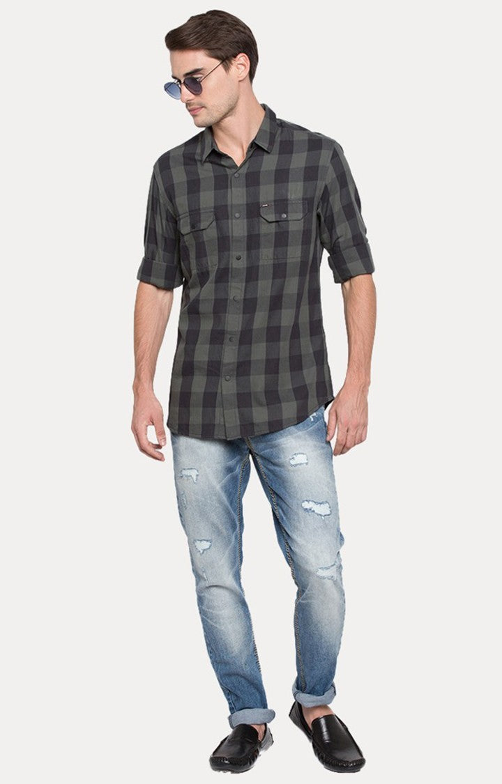 Spykar Men'S Grey Cotton Checked Casual Shirts