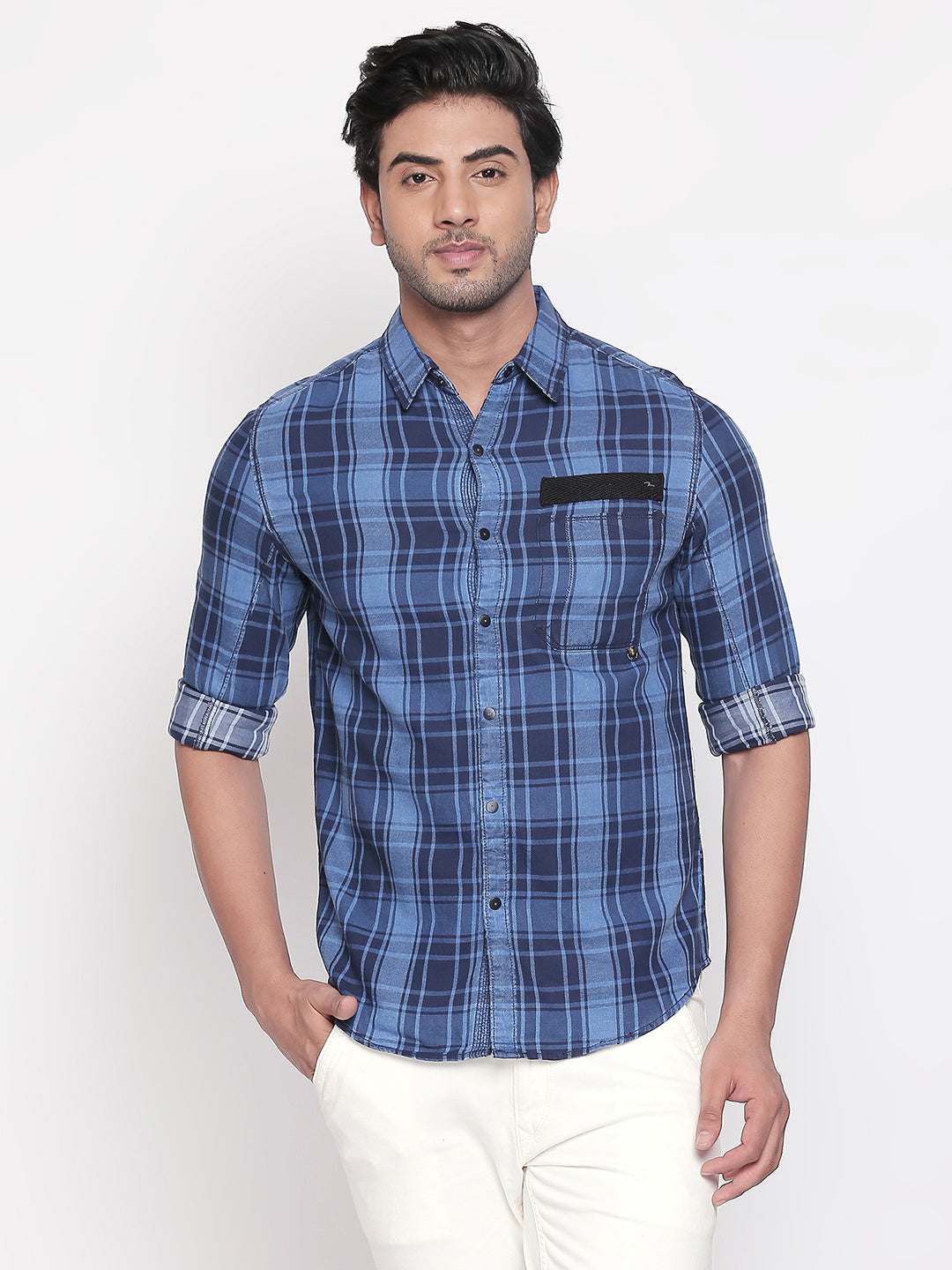 Spykar Men Blue Checked Slim Fit Casual Shirt