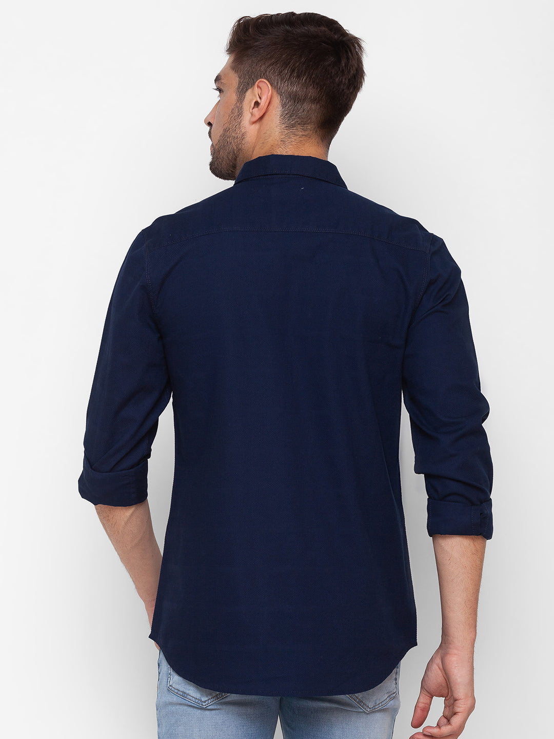 Spykar Dark Blue Cotton Full Sleeve Plain Shirt For Men