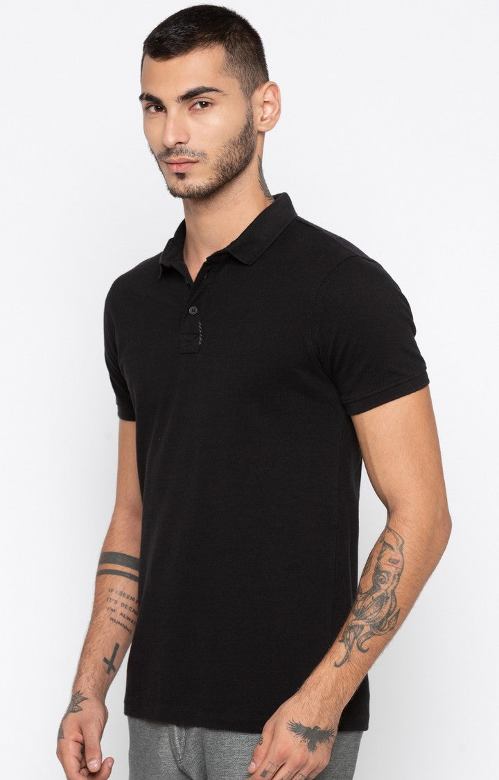 Spykar Black Solid Slim Fit Polo T-Shirt