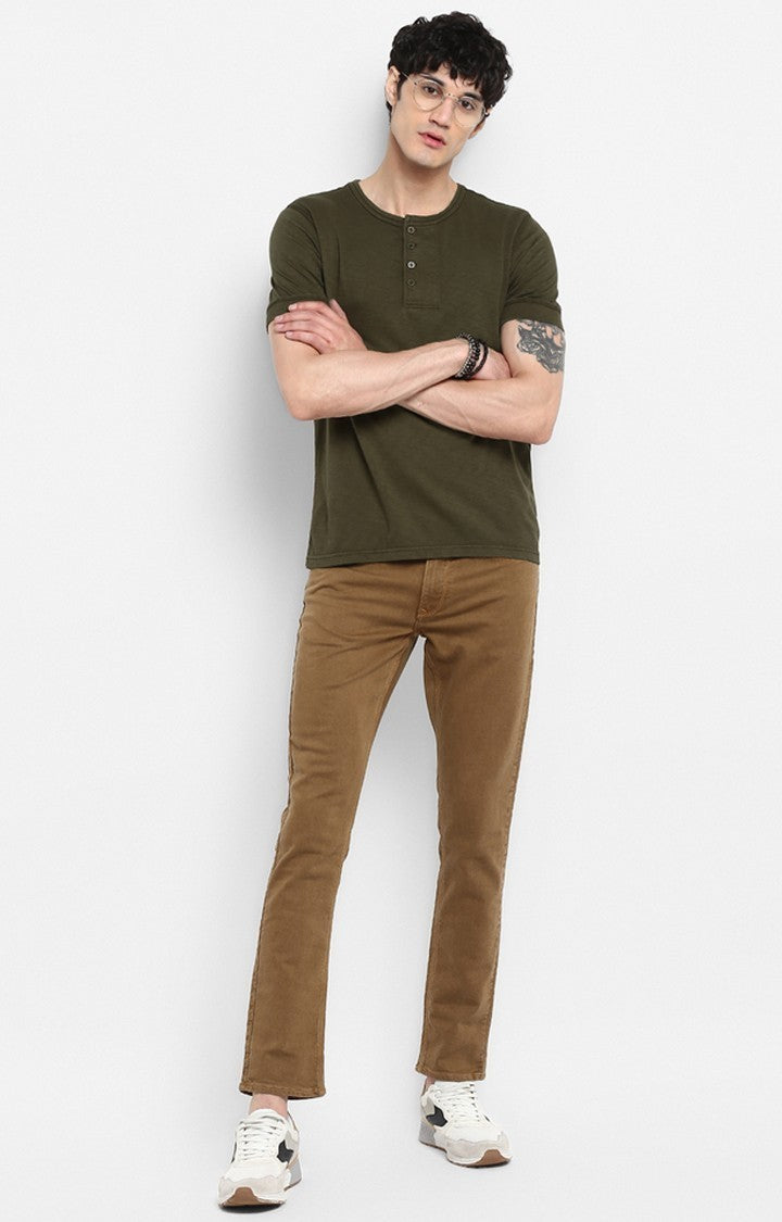 Spykar Olive Green Solid Slim Fit Men T-Shirts