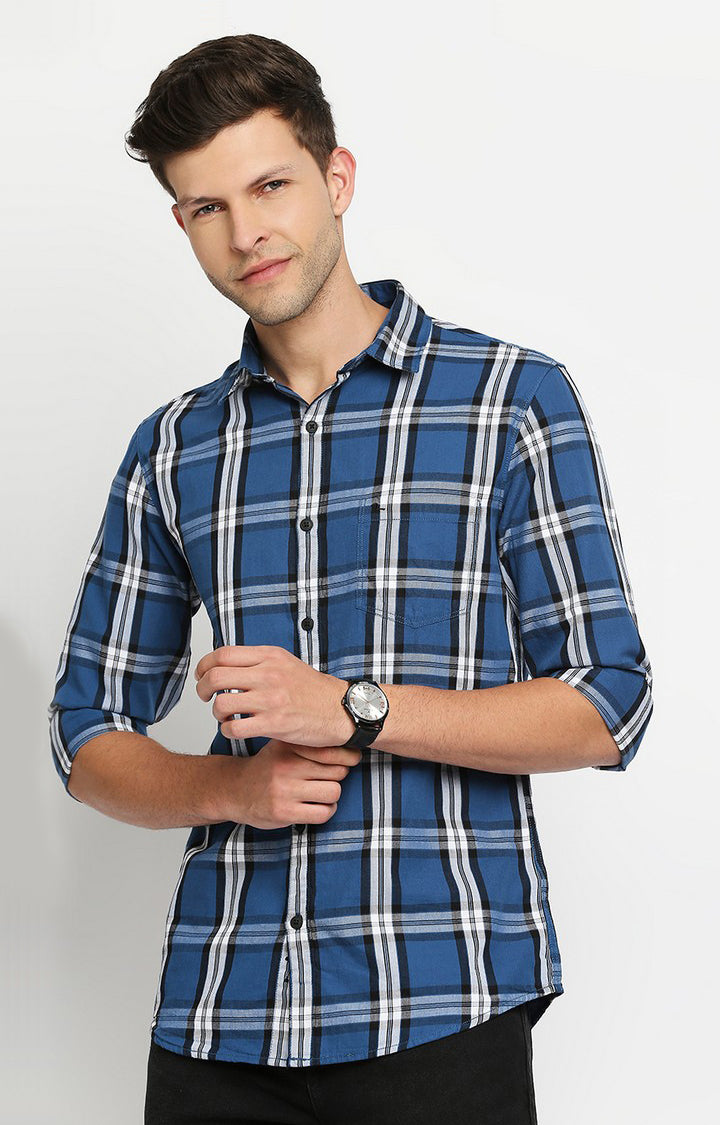 Spykar Men Blue Slim Fit Full Sleeve Checkered Shirt