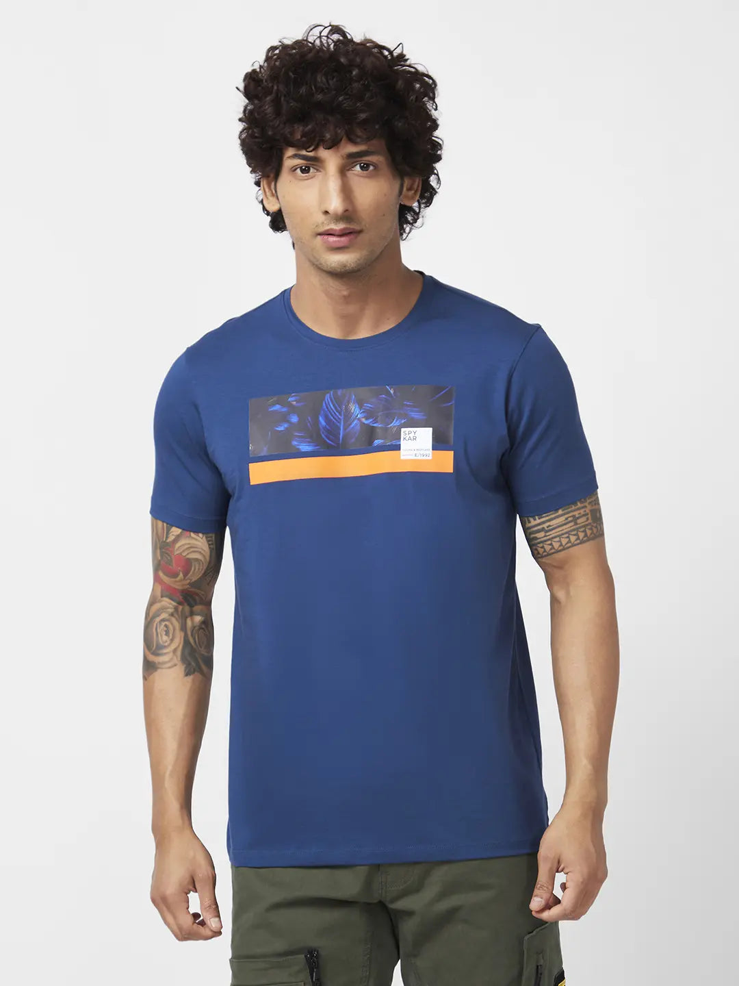 Spykar Men Teal Blue Blended Slim Fit Half Sleeve Round Neck Printed Tshirt