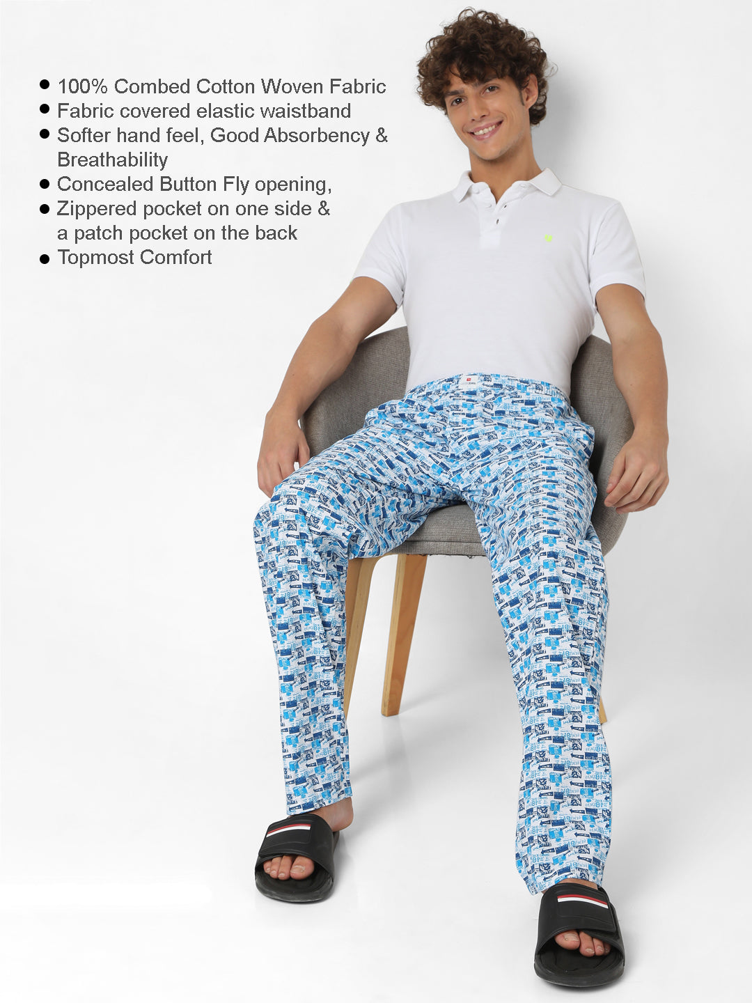 Men Premium White & Dark Blue Cotton Printed Pyjama - Underjeans By Spykar