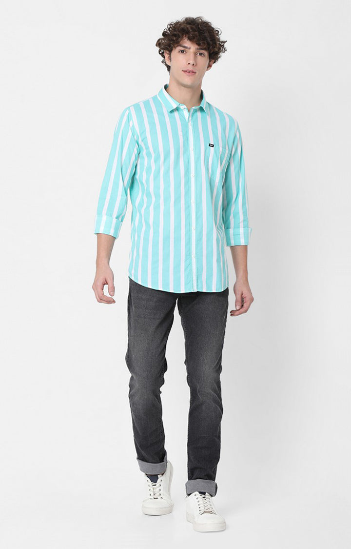 Spykar Slim Fit Green Full Sleeve Striped Shirts For Mens