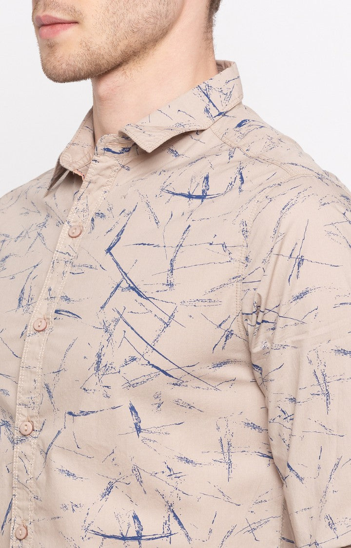 Spykar Men'S Beige Cotton Printed Casual Shirts