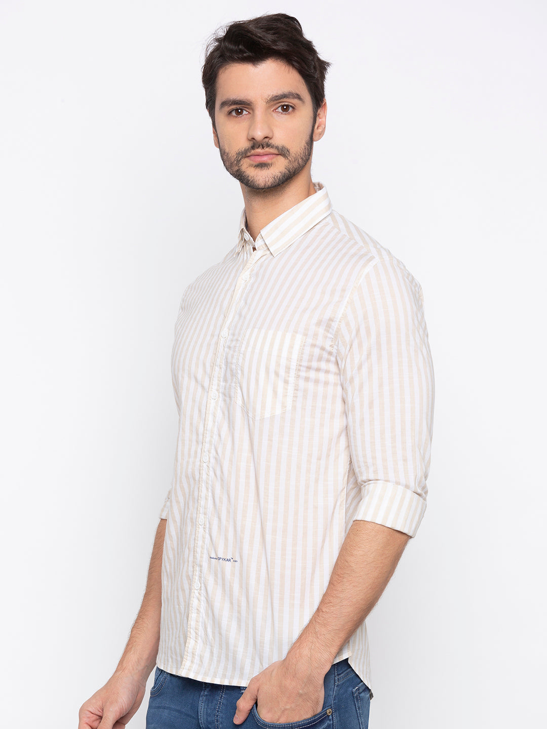 Spykar Men Beige Striped Slim Fit Casual Shirt