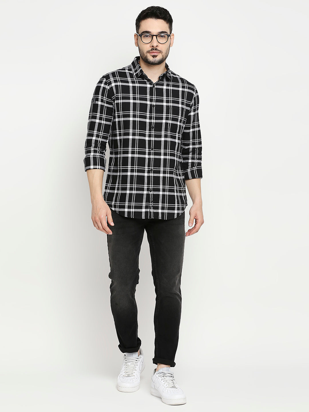 Spykar Black Cotton Full Sleeve Checkered Shirt For Men