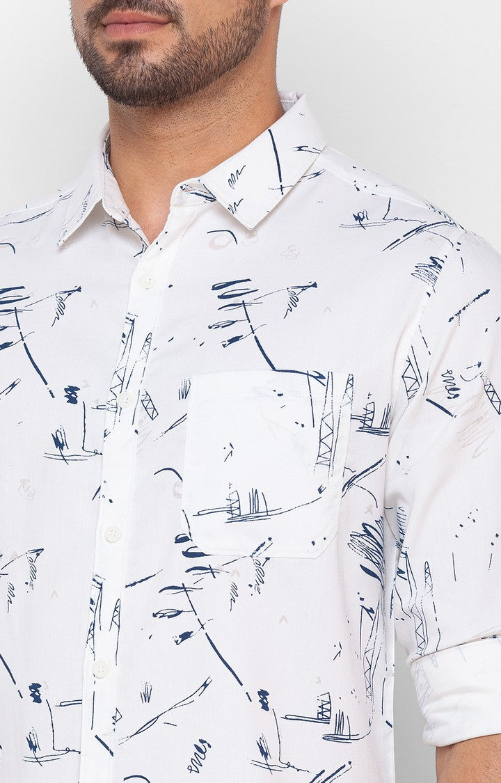 Spykar White Cotton Full Sleeve Printed Shirt For Men