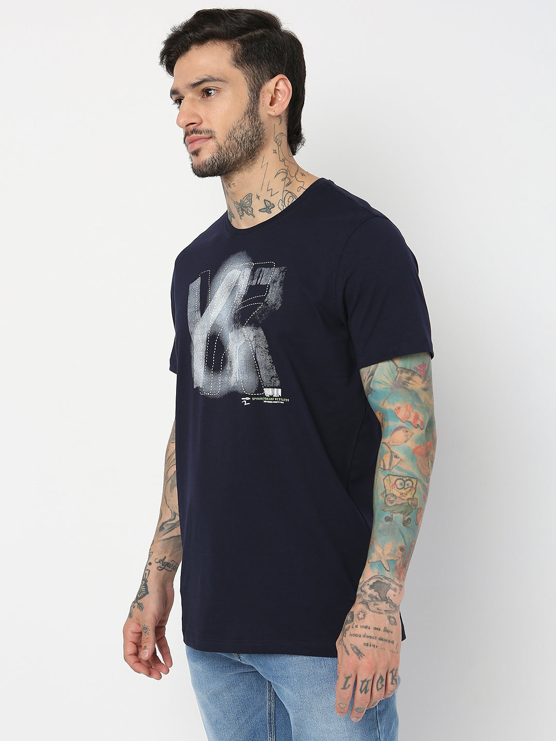 Spykar Men Navy Blue Cotton Slim Fit Round Neck Printed T-Shirt