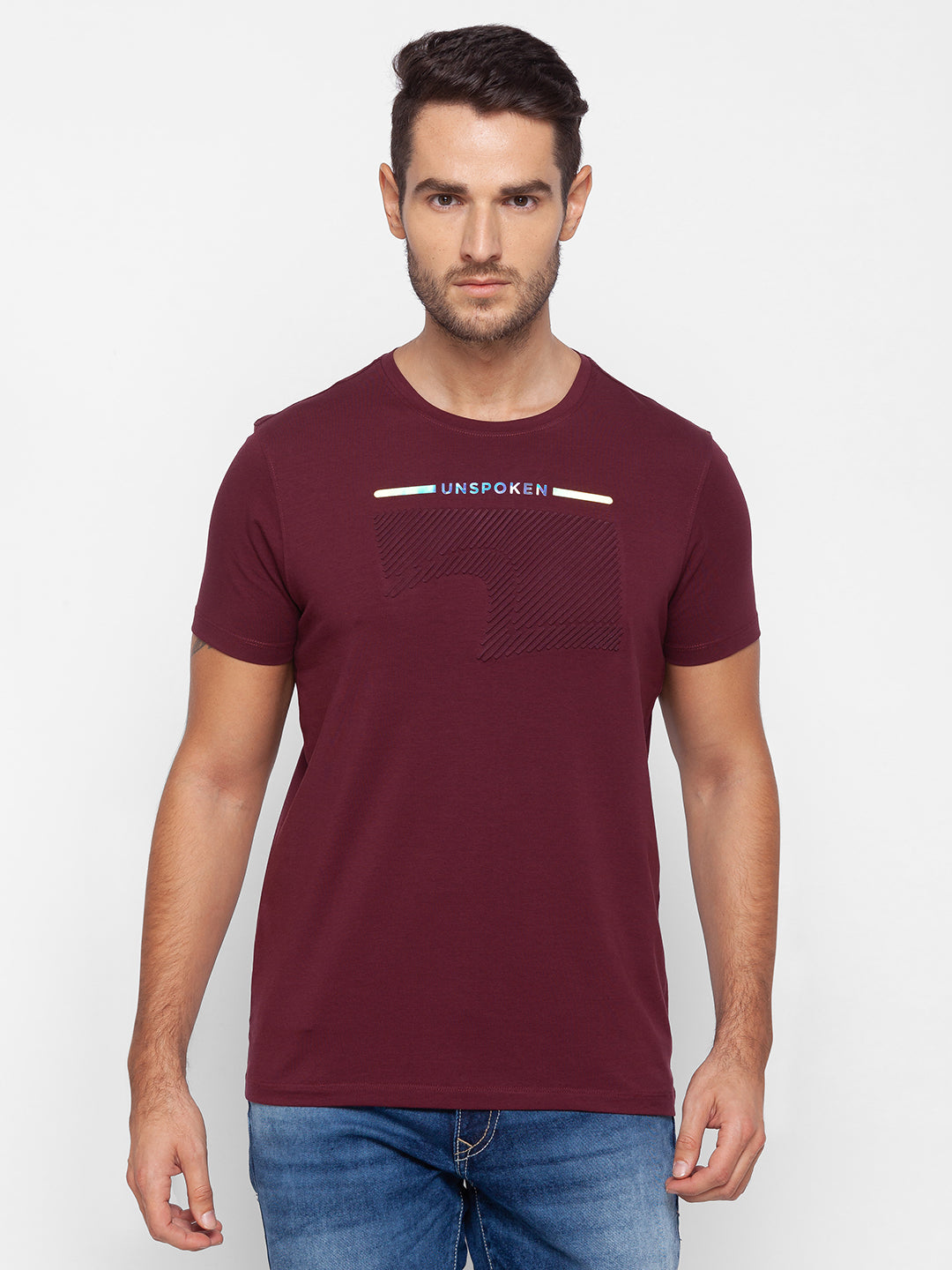 Spykar Men Red Cotton Slim Fit Round Neck T-Shirt