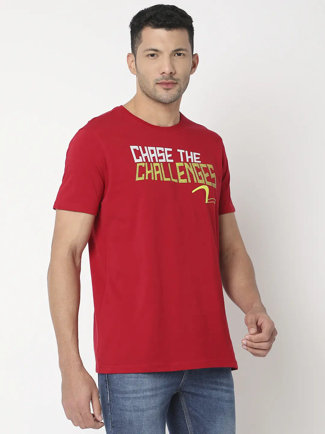 Spykar Men Deep Red Cotton Regular Fit Printed Round Neck Tshirt