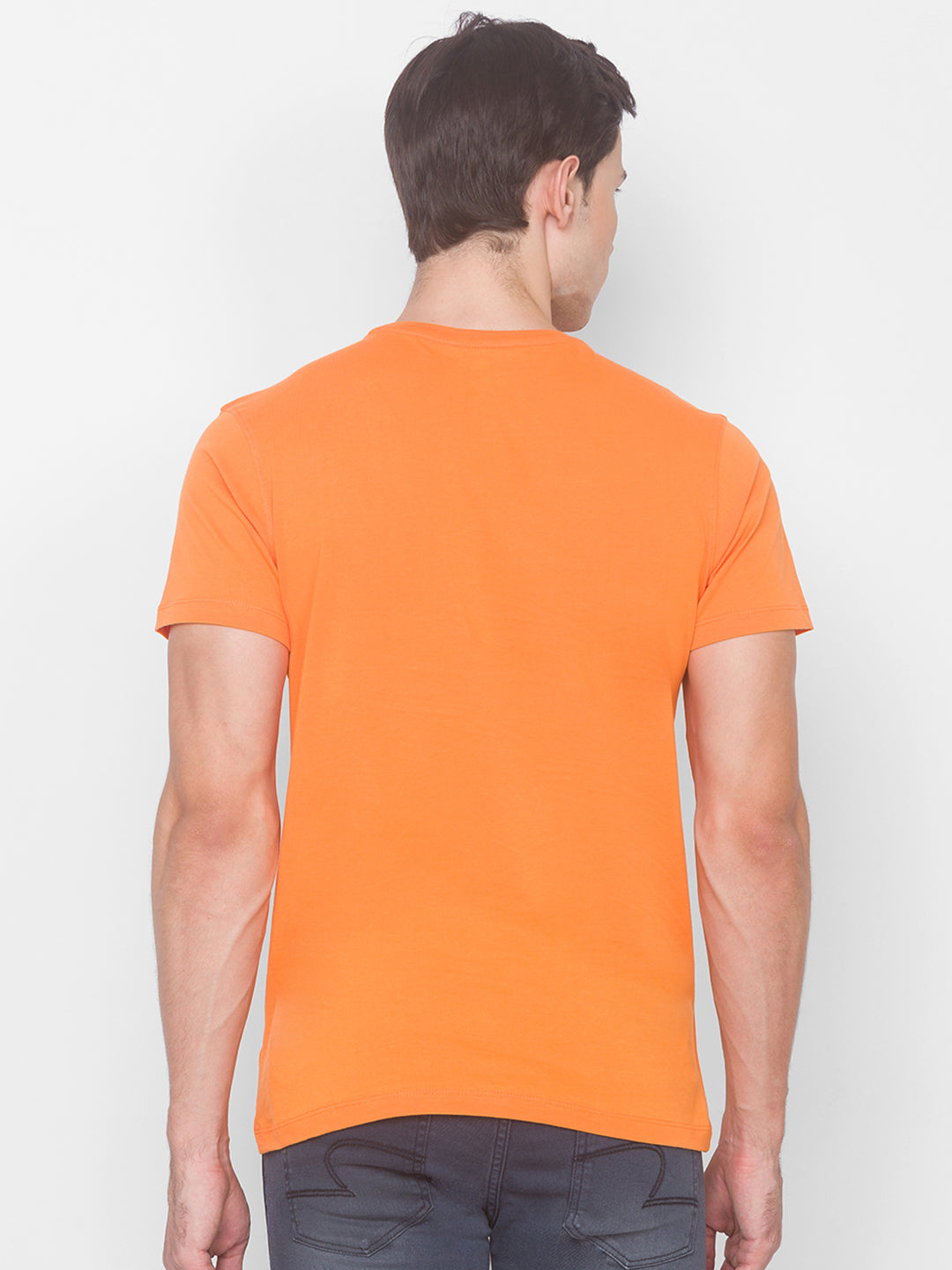 Charlie Chaplin Spykar Men Orange Cotton Slim Fit Round Neck T-Shirt