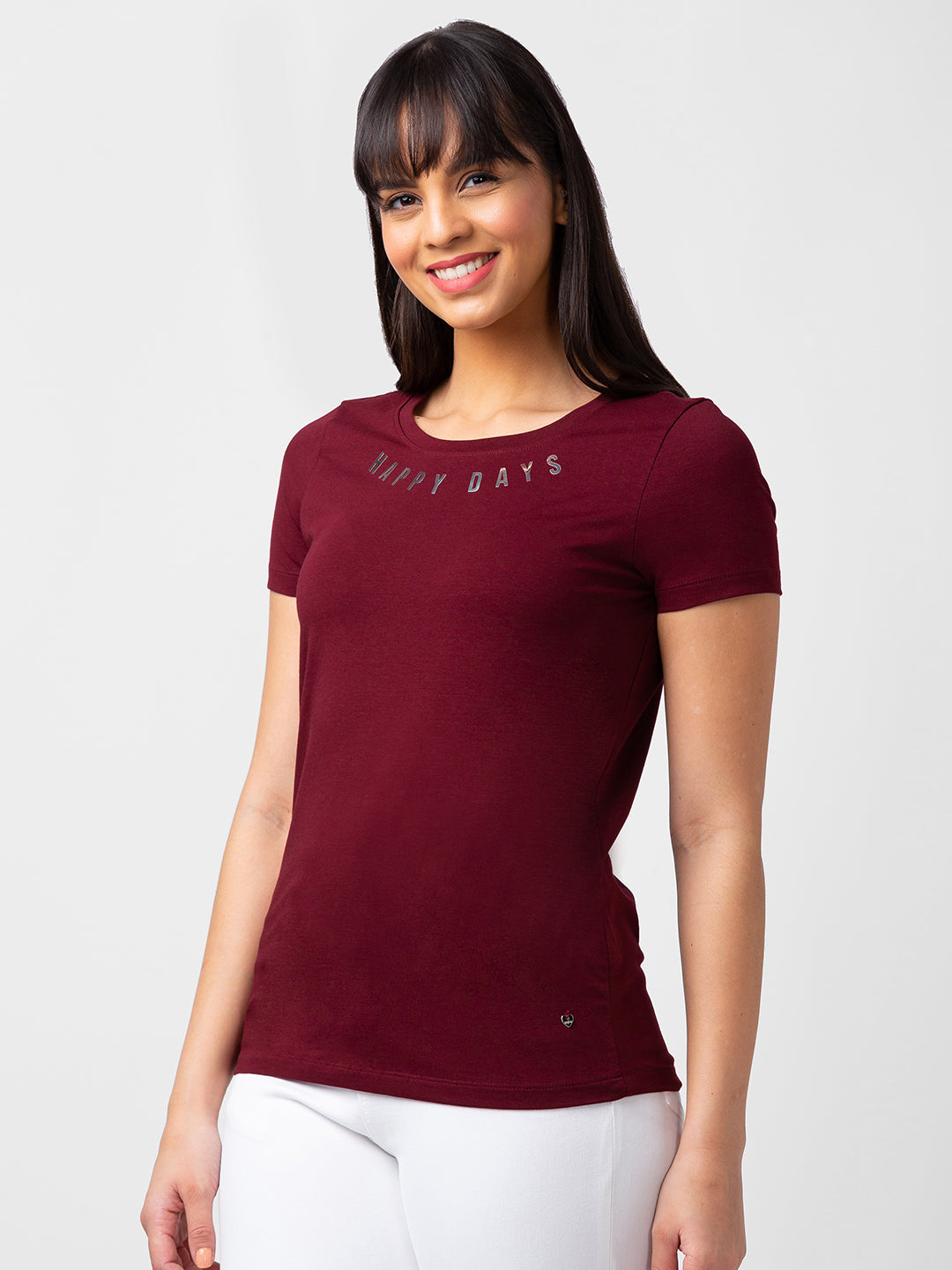 Spykar Women Wine Blended Slim Fit Half Sleeve T-shirt