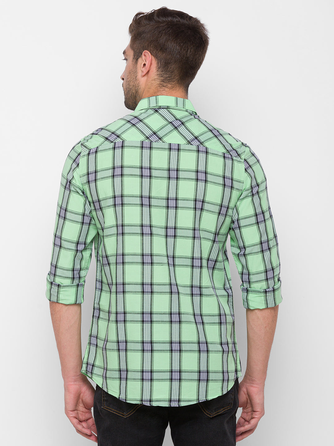 Spykar Green Cotton Slim Fit Shirts For Men