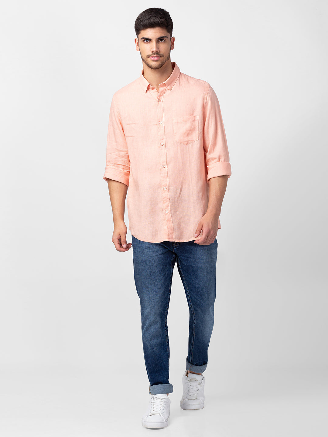 Spykar Men Peach Cotton Slim Fit Plain Shirt