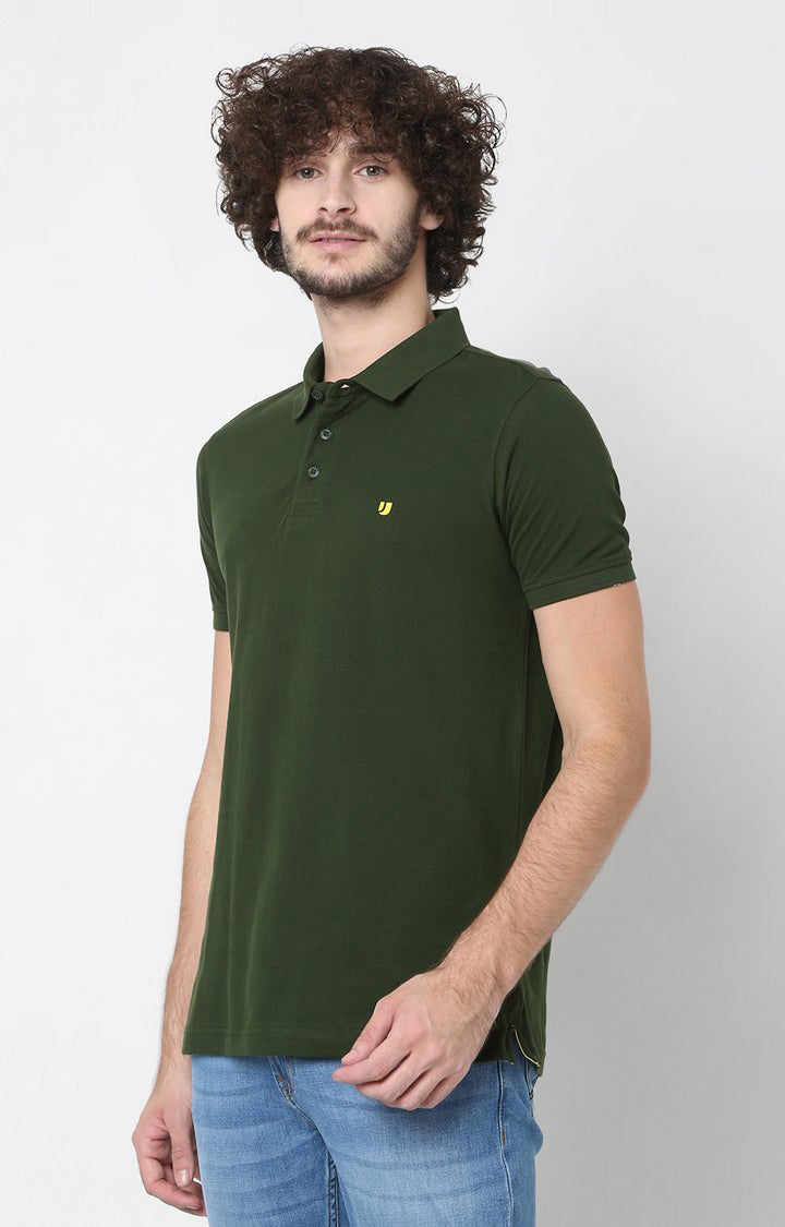 Men Premium Green Cotton Regular Fit Polo T-Shirt - Underjeans By Spykar