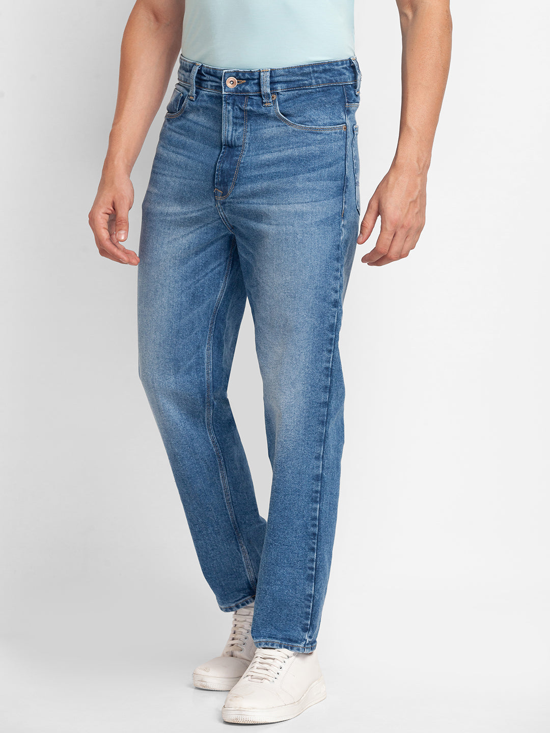 Spykar Mid Blue Cotton Loose Fit Regular Length Jeans For Men (Renato)