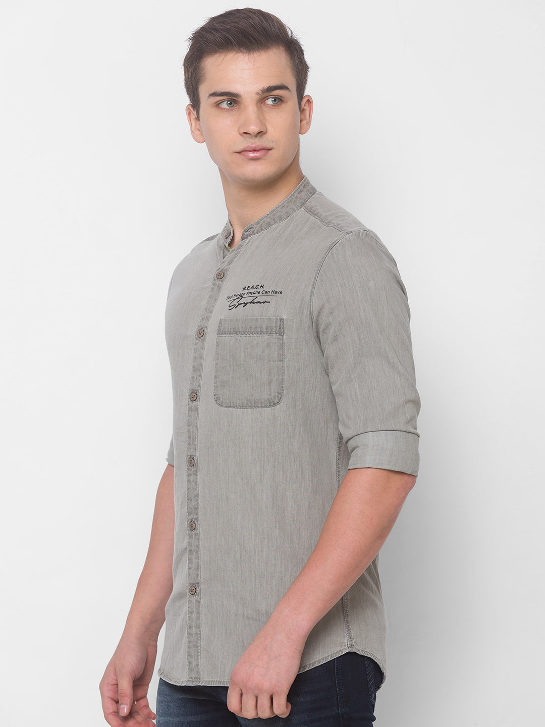 Spykar Men Ash Grey Cotton Shirts (Slim)