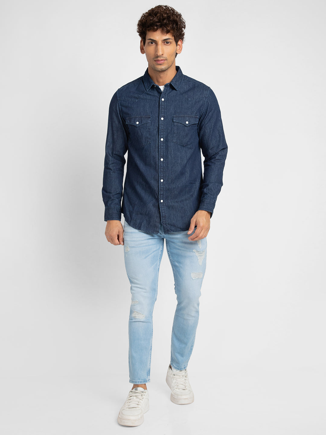 Spykar Men Dark Blue Cotton Slim Fit Denim Shirt