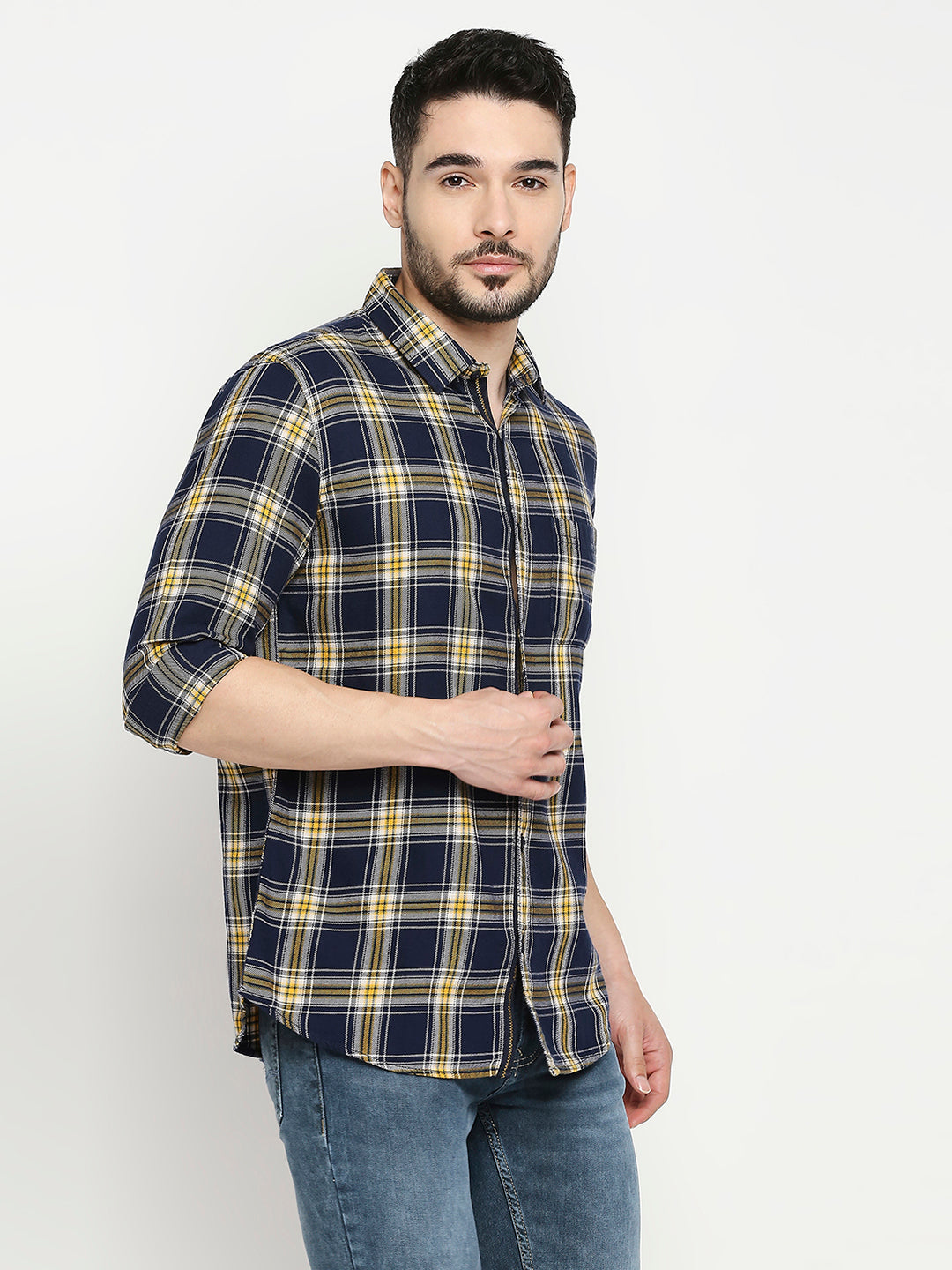 Spykar Navy Yellow Cotton Full Sleeve Checkered Shirt For Men