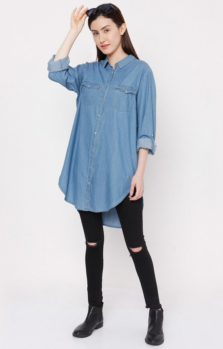 Spykar Women Mid Blue Cotton Regular Fit Denim Shirt