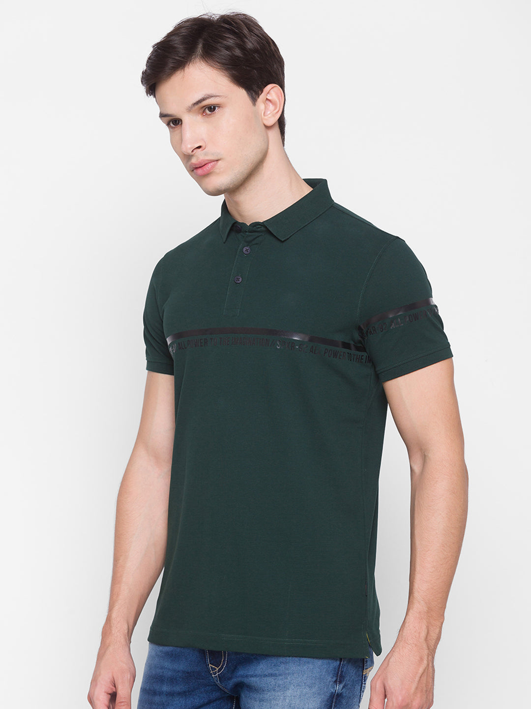 Spykar Men Green Cotton Slim Fit Polo T-Shirt