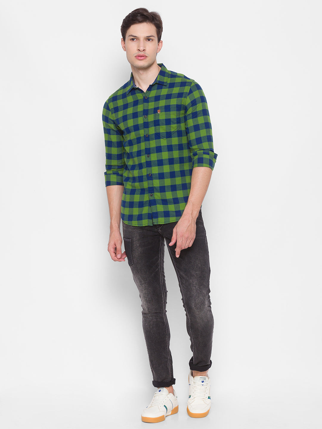 Spykar Slim Fit Green Cotton Men Shirt