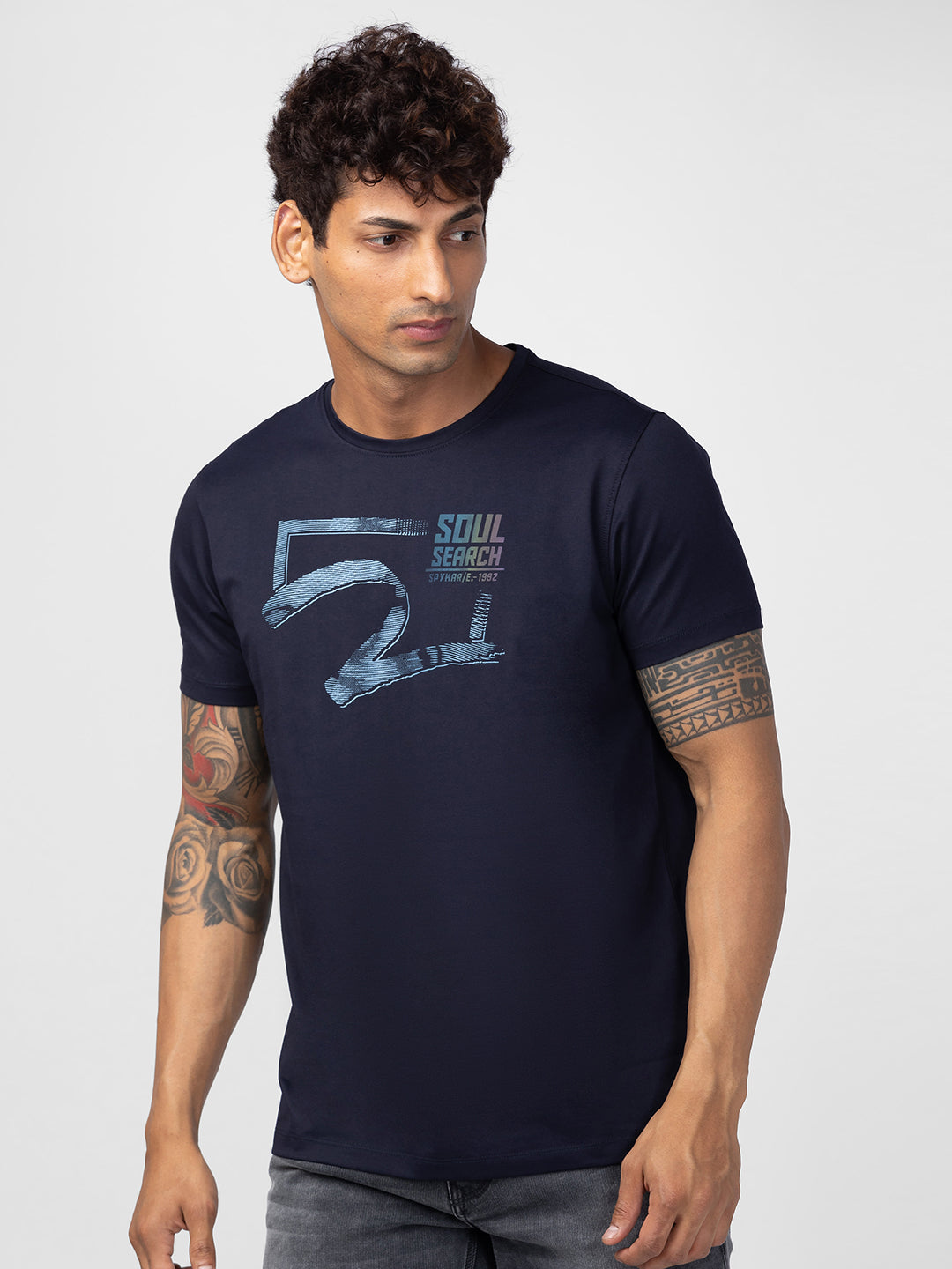 Spykar Men Navy Blue Cotton Regular Fit Half Sleeve Printed T-Shirt