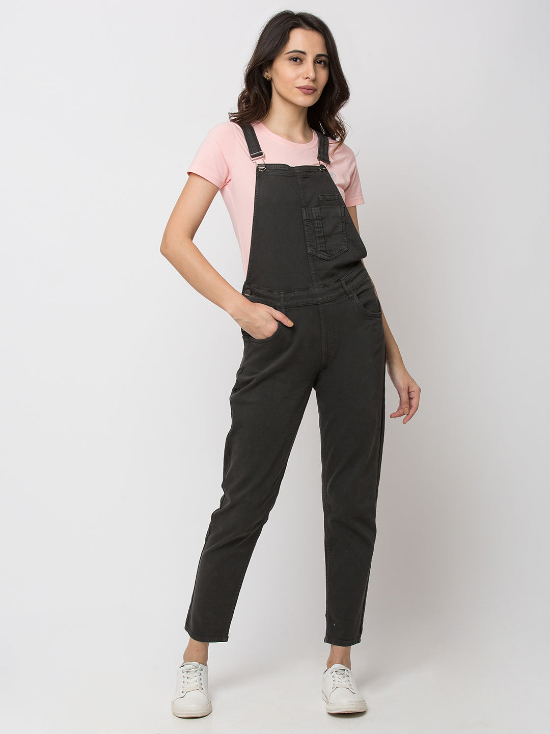 Spykar Women Grey Cotton Skinny Fit Regular Dungaree (Ynr)