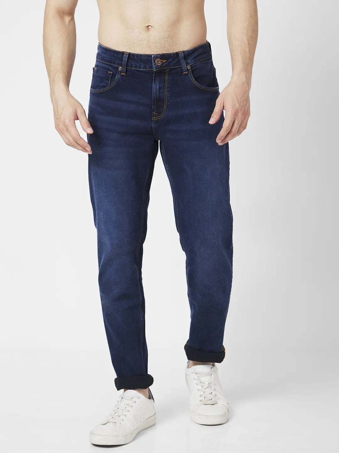 Spykar Men Dark Blue Cotton Stretch Slim Fit Narrow Length Clean Look Low Rise Jeans (Skinny)