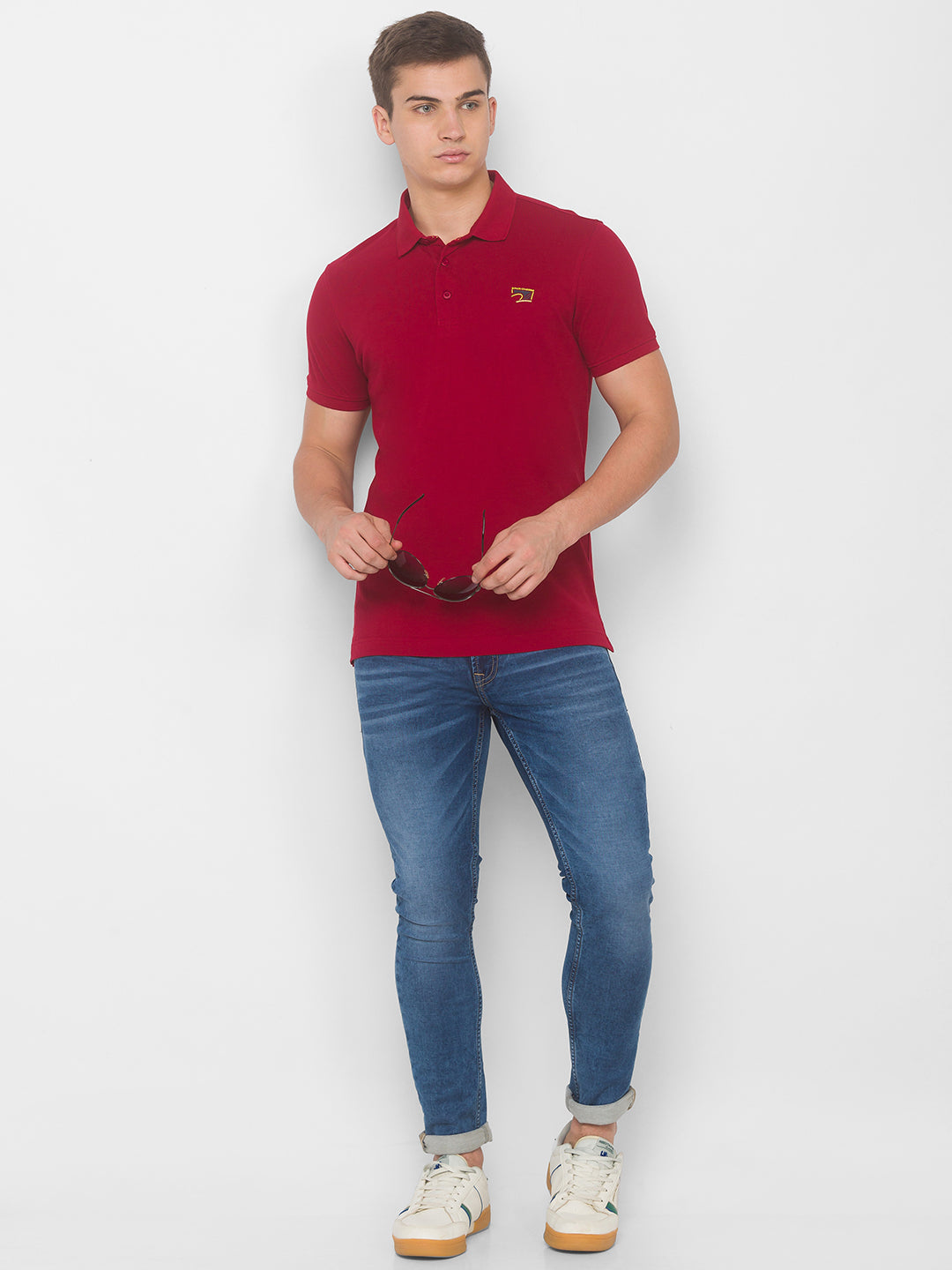 Spykar Men Red Cotton Slim Fit Polo T-Shirt