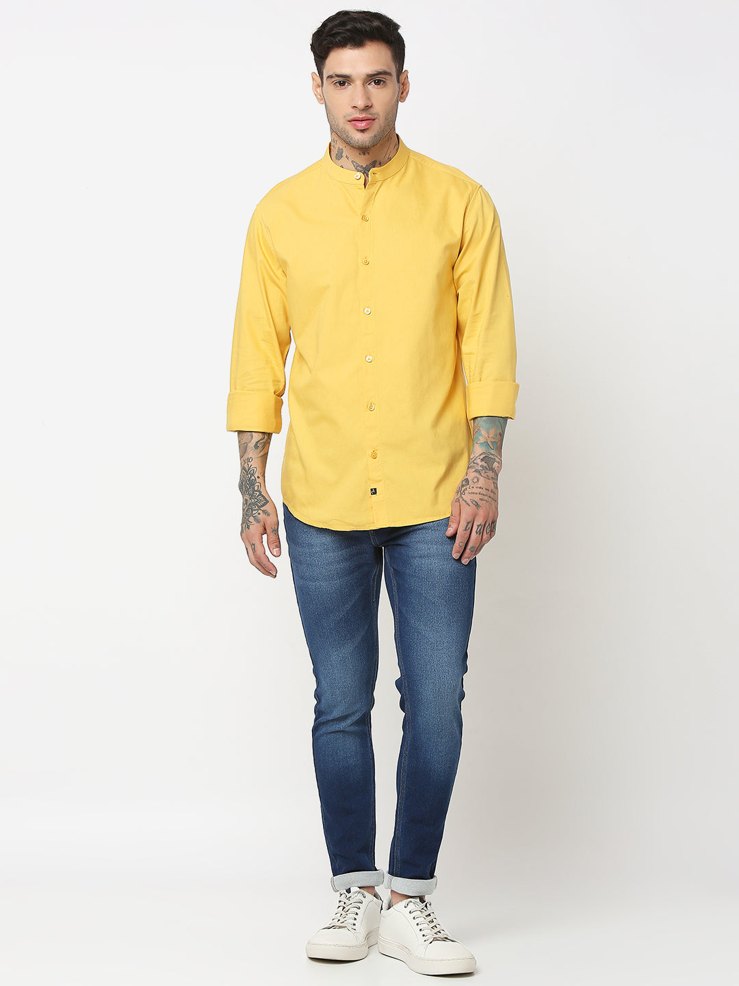 Spykar Men Chrome Yellow Cotton Slim Fit Plain Shirts