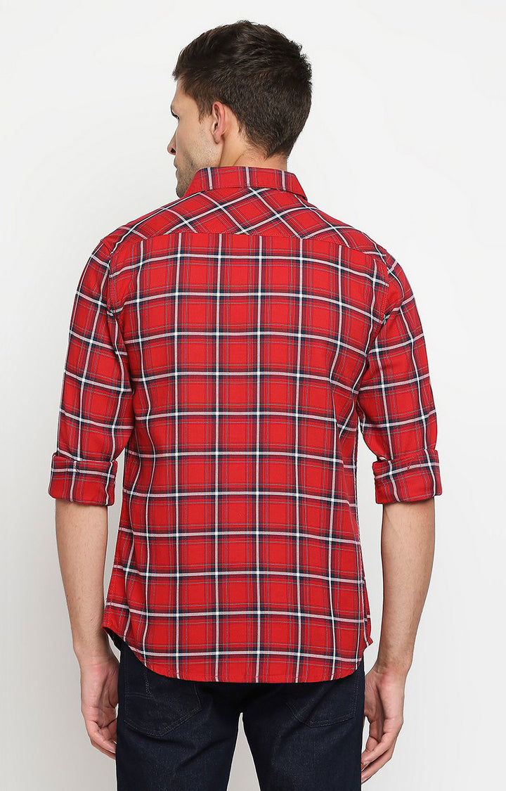 Spykar Men Red Slim Fit Full Sleeve Checkered Shirt