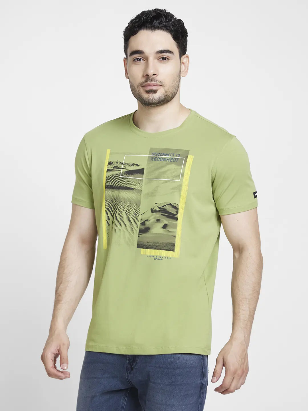 Spykar Men Dusty Pista Green Cotton Slim Fit Printed Round Neck Tshirt