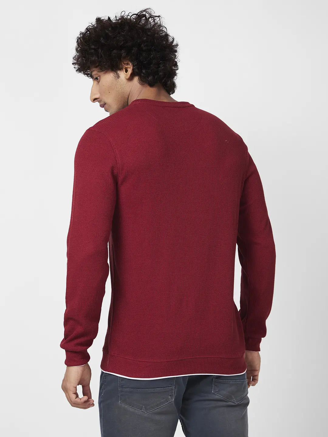 Spykar Men Deep Red Blended Slim Fit Full Sleeve Round Neck Printed Casual Sweatshirt