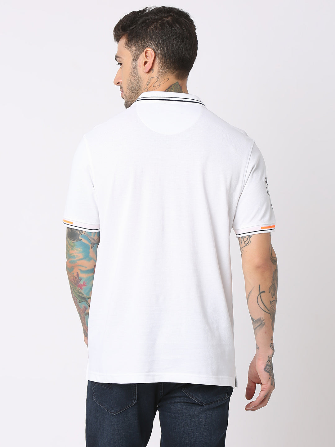 Spykar Men White Cotton Regular Fit Polo Plain T-Shirt