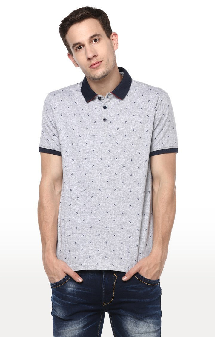 Spykar Grey Printed Slim Fit Polo T-Shirt