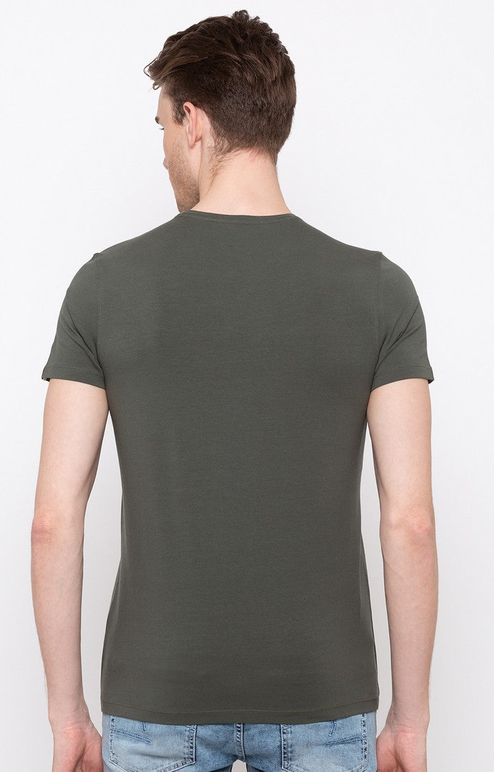 Spykar Olive Printed Slim Fit Men T-Shirts