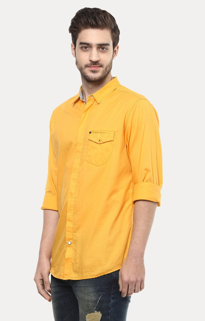 Spykar Men'S Yellow Cotton Solid Casual Shirts