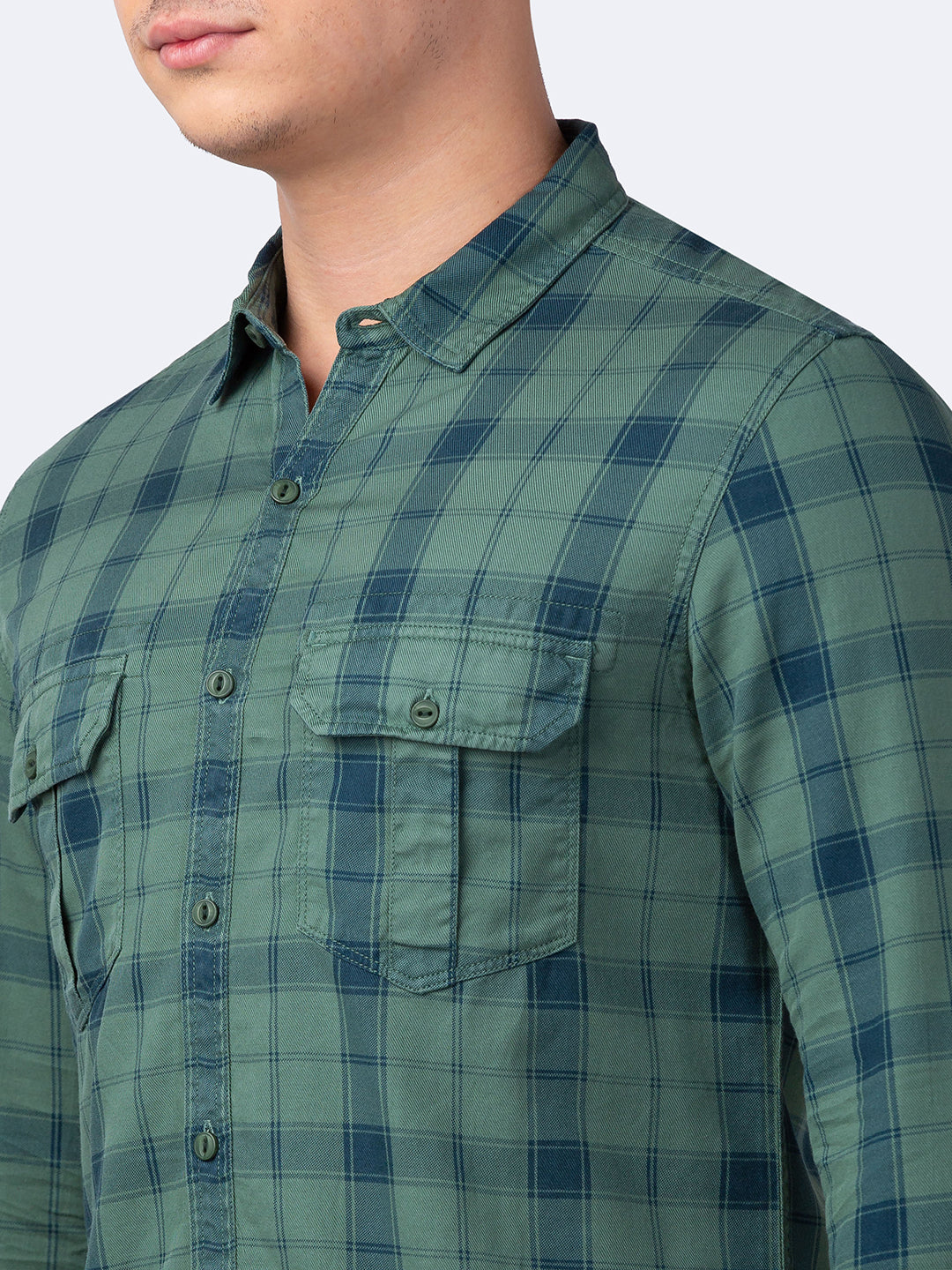 Spykar Men Sage Green Cotton Slim Fit Checkered Shirt