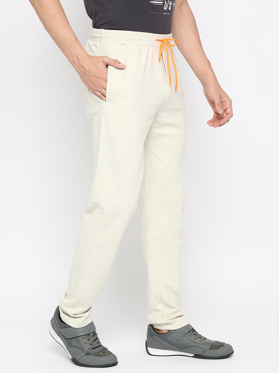 Men Premium Cotton Blend Ecrumelange Trackpant- Underjeans By Spykar