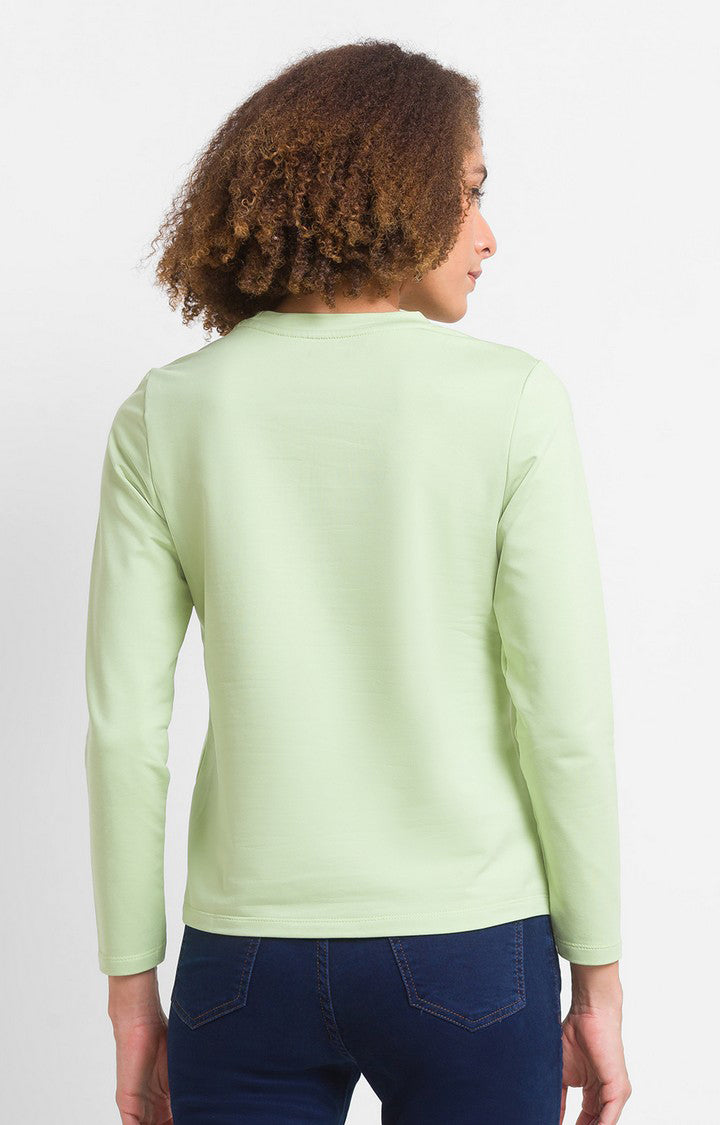 Spykar Green Cotton Blend Full Sleeve Plain Casual T-Shirts For Women