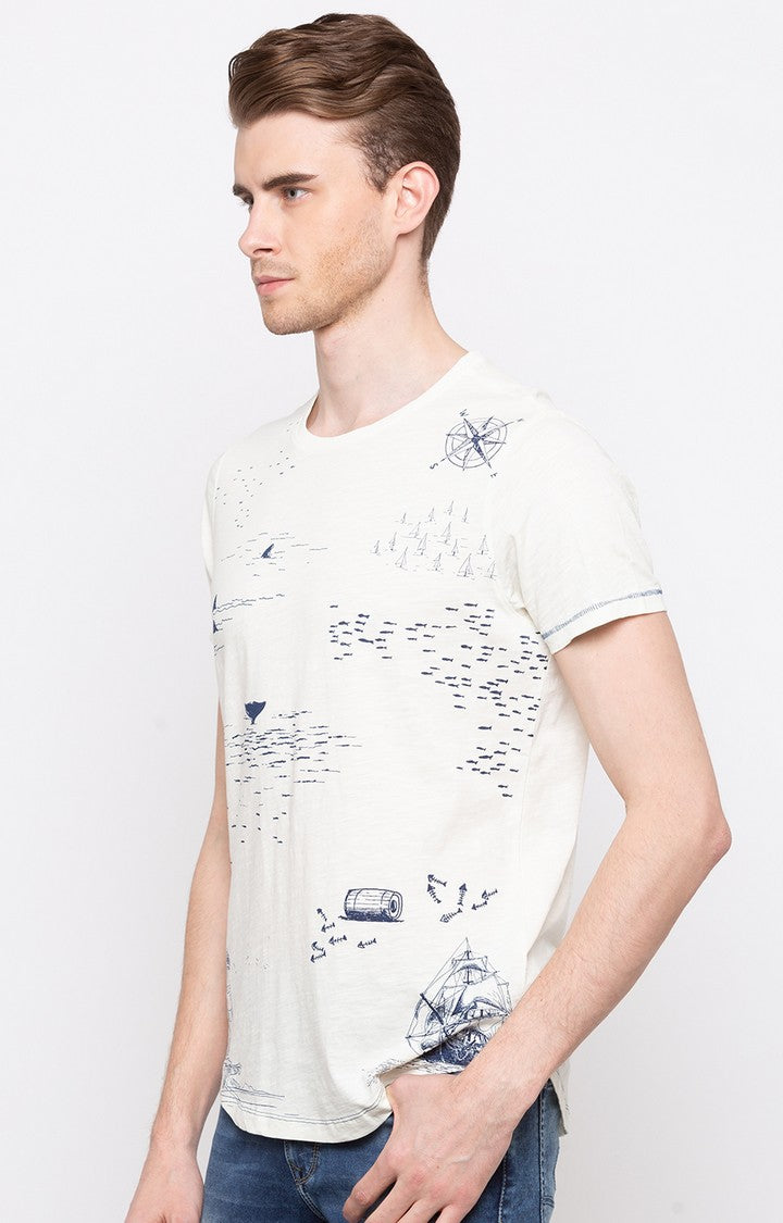 Spykar Off White Printed Slim Fit Men T-Shirts